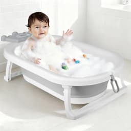 Foldable Bathtub Suitable for Babies 0-36 Months, Ergonomic and Space-Saving, with Water Thermometer, Seat, Bath Cap, 82 X 43 X 20 Cm, Grey, Bear/Crown/Rabbit/Leaf