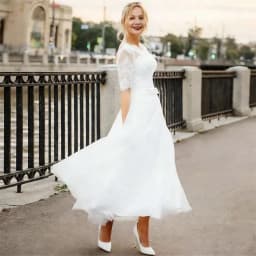 Customized Elegant Midi Wedding Dresses White Lace Appliques Tea Length Bridal Gowns A-line Scoop Neck Half Sleeves Bride Dress