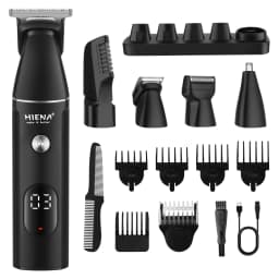 HIENA Professional Multifunctional Hair Clipper Set, R-Type Adjustable Blade, Cordless Barber Clippers with LED Display, Ear and Nose Hair Trimmer, 6 Guide Combs, Rechargeable Electric Grooming Kit for Men, USB Charging, Haircut Clippers