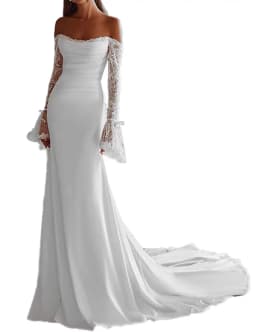 Customized Off Shoulder Lace Long Sleeves Wedding Dress for Bride Strapless Mermaid Satin Pleated Bridal Ball Gown with Corset