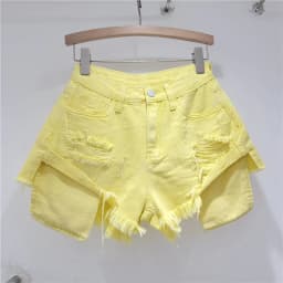 2026 Summer New Light Color Perforated Design Denim Shorts Women's Wide Legs Slim Fashion Ragged Edge A-line Ropa Mujer