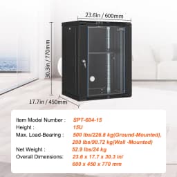 SucceBuy 15U Wall Mount Server Cabinet 500lbs Max Ground-mounted Load Capacity Network Rack Enclosure for IT A/V Devices