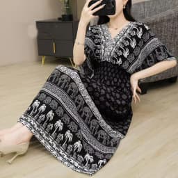 n Long Print Dr V-Ne Slimming Cotton Silk Beachwear Casual High Waist Summer Women's Loose Fit Overhead Dr