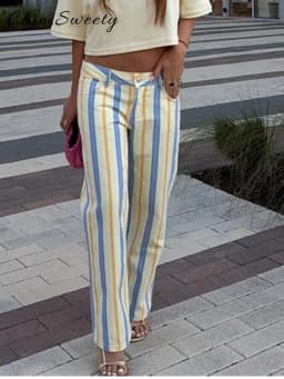 Fashion Women's Striped Pants Button Zipper Double Pockets Straight Straight Leg Trousers 2026 Spring Summer Casual Lady Pant