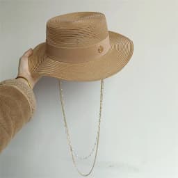 Cherry powder 2026 straw hat pearl chain DIY flat top sun hat new Korean elastic ribbon hat beach hat candy color sun hat