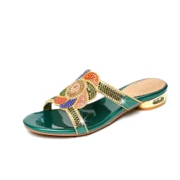 Summer New Comfort Non-slip High Heel Genuine Leather Crystal Inlaid Diamond Women's Beach Fashion Versatile Bohemian Shoes