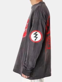 Red Road Sign Washed Long Sleeve Wu Wen Le Hoodie Jacket Unisex Vintage Style Cotton Crew Neck T-Shirt for Daily Wear