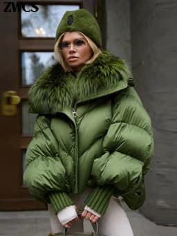 Warm Fur Collar Cotton Coats Women's Green Lapel Zipper Full Sleeve Padded Jacket Overcoat 2026 Winter New Lady Loose Streetwear