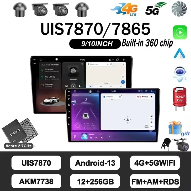 FYT UIS7870 8cores 12+256G Android13 Car Stere Radio CarPlay& Android Auto GPS DSP Multimídia CarPlay Player 5G WIFI Bluetooth