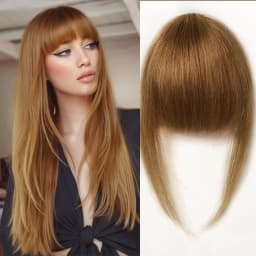 100% Human Hair Bangs Natural Brown Wispy Bang Hair Clip in Bangs Fringe with Temples Hairpiece for Women Clip on Air Bang 4.5in