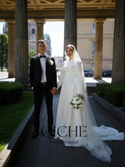 QICHE Modest Satin Muslim Wedding Dresses High Collar Long Sleeves Buttons Bridal Gown Customized vestidos de novia for Bride