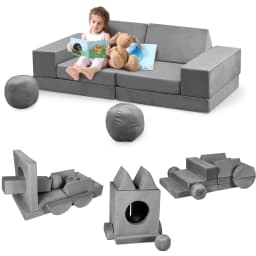 12Pcs Modular Kids Play Couch Fold Out Kids Play Sofa Set with Balls & Tunnel Children Convertible Sofa Soft Foam Sectional