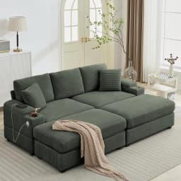 86.61'' Oversized Double Chaise Lounge with Ottomans, Comfy Corduroy Indoor Lounge Chair with Armrest Storage, Cup Holder, USB P