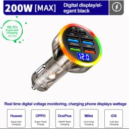 250W PD Car Charger QC3.0 Fast Charge Two to Six Port Car Cigarette Lighter Plug Car Charger Flash Charge with Digital Display