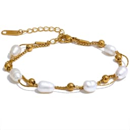 Yhpup Natural Pearls Double Layer Chain Stainless Steel Charm Bracelet Bangle Women Stylish Summer Jewelry Waterproof