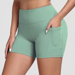 CHRLEISURE Women Solid Yoga Shorts with 3 Pockets High Waist Butt Lifting Workout Tights Gym Elastic Cycling Shorts Activewear