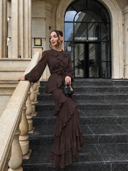 Elegant Solid Layered Ruffle Long Dress Women O Neck Long Sleeve Belt Chiffon Maxi Dress Autumn Wedding Guest Evening Party Robe