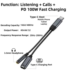 USB C to 3.5mm Headphone and Charger 2 In 1 Adapter Type-C to Aux Audio Jack with 100W PD Fast Charging Dongle for Laptop Mobile