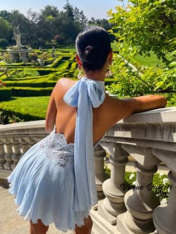 Sexy Women's Pleated Patchwork Mini Dress Halter Hollow Backless Ribbon Blue A-line Dresses 2026 Summer Beach Vacation Vestidos
