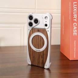 Luxury Metal Frame Walnut Wood Frameless Phone Case For iPhone 18 17 16 15 14 Pro Max Magsafe Magnetic Rotating Bracket Cover