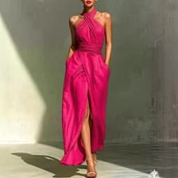 Chic Solid Front Split Boho Long Dress Woman Spring Sexy Off Shoulder Halter Party Dress Summer Sleeveless High Waist Maxi Dress