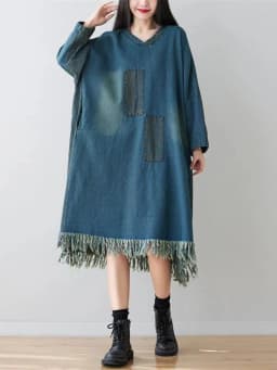 Amax luluE 2024 Spring Womens Loose Leisure V-Neck Dresses Ladies Tassel Design Long Vestidos Vintage Oversized Denim Streetwear