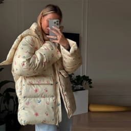 Women's Floral Print Hooded Puffer Jacket with Bow Decor Cute Oversized Winter Warm Coat Loose Casual Feminine Outerwear Fashion