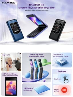 HAMTOD T8 Classic Fashion Clamshell Flip Feature Phone 4G VoLTE Dual HD Screen 2.8" Main IPS Display + 1.77" Outer Screen Big Font Big Icons One Touch SOS Emergency Call 1500mAh Large Battery Easy Simple Operation Unbreakable Basic Mobile Cell Phone For S