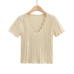 Women V Neck Knitted Crochet Tee With