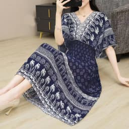n Long Print Dr V-Ne Slimming Cotton Silk Beachwear Casual High Waist Summer Women's Loose Fit Overhead Dr