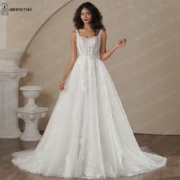 BEPEITHY Customized Spaghetti Straps A Line Glitter Beach Wedding Dresses 2025 Women Sleeveless Boho Bride Lace Bridal Gown