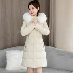 Detachable Fur Collar Thickened down Cotton Jacket Slimming Mid-Length Women's Korean Style Commute Pure Color Coat with Pocket
