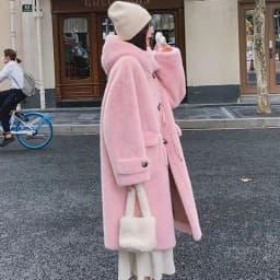 Lamb Fur Jackets Women Overcoat Winter New Plus velvet Thick Warm Parker Jacket Loose Horn Buckle Long Cute Hooded Coat Outwear