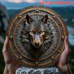 2D Flat, Wolf Head Emblem Metal Shield Wall Decor - 8 Inch Round Wrought Iron Wolf Head Sign, HD 2D Printed Door-Mounted Emblem