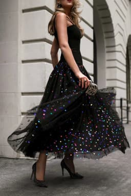 Elegant Women Mesh Skirts Sequin A Line Elasticity High Waist Pleated Skirt Spring Summer Ankle Length Party Long Skirt