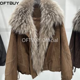 OFTBUY Real Fox Fur Oversized Collar Goose Down Jacket Winter Warm Zipper Drawstring Hem Outerwear Women Suede Cropped Coat