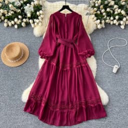 French Vintage O Neck Hollow Out Lace Patchwork Long Lantern Sleeves Korean Fashion Dresses Women's Autumn Waist Sweet Clothing