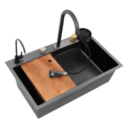 Stainless Steel Kitchen Sink Gun-grey Rectangular Household Sink Set with Drainage Basket 2 Faucets Cutting Board Cup Washer