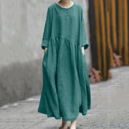 Women's Cotton Linen Maxi Dress Long Sleeve Button Up Crewneck Long Dress with Pockets Plus Size Casual Flowy Beach Sundress