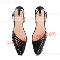 Red Multi Buckle Straps Flat Sandals Women Stylish Back Strap Pointy Toe Comfy Shoes Trendy Belt Buckles Metallic Leather Sandal