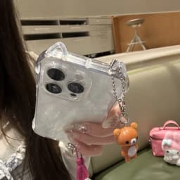 Cute 3D Ears Clear Case For iPhone 17 16 15 14 13 12 11 Pro Max 8 7 Plus SE 17promax Cartoon Bear Pendant TPU Cover Shell