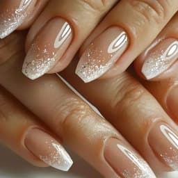 24Pcs Medium Short Square False Nails Glittering Nail Art White Wearable Fake Nail Silver French Full Cover Press on Nail Tips