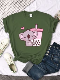 Koala Like Drink Milk Tea Cute Print T-Shirt Womans Kawaii Cartoon Graphic Clothes Womens Oversize Harajuku Funny Girls Tshirts