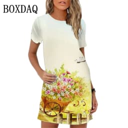 Summer Women Dress 3D Music Notes Patterns Print Mini Dress Streetwear Clothing Casual Short Sleeve Girls Woman Dress