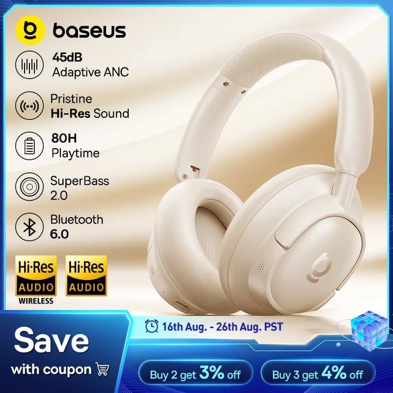 Baseus Bass EH10 NC Wireless Headphones Bluetooth 6.0 Noise Canceling 45dB Over Ear HeadsetSpatial Audio Earphone 80H Time