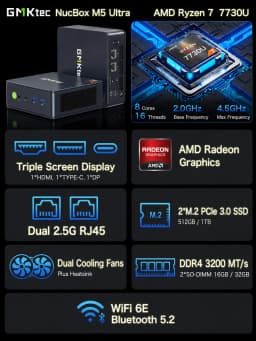 GMKtec Mini PC M5 Plus AMD Ryzen7 5825U M5 Ultra AMD Ryzen7 7730U DDR4 3200MT/s NVMe PCIe3.0 Wifi6E BT5.2 Win11 Pro Desktop Gaming Computer