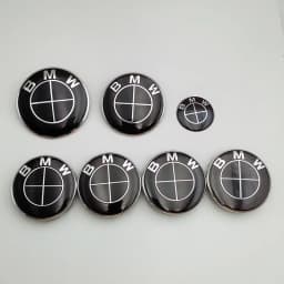 7pcs BMW Emblem Set 82mm 74mm 45mm 56mm 68mm Car Front Hood Logo Rear Trunk Badge Wheel Center Hub Caps Steering Wheel Sticker