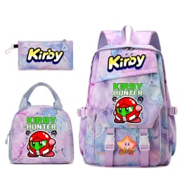 Kirby Cartoon Print Student Backpack Set for Girls with Lunch Bag and Pencil Case School Bookbag Lightweight Daypack