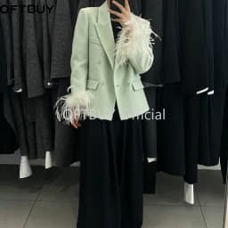 OFTBUY Women's 100% Wool Blazer Feather Cuff Double Breasted Suit Jacket Elegant Winter Warm Coat Casual Office Lady Outerwear