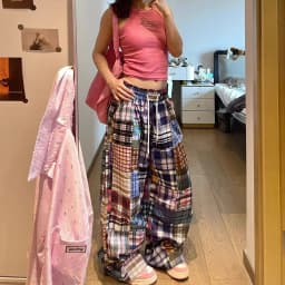 New design sense niche American retro color checkered wide-leg pants women's versatile checkered floor-length pants